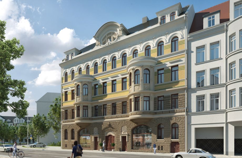 Historische Altbaufassade mit Erker und Stuckdetails in renovierter Stadtvilla an einer belebten Straße mit Fußgängern und Autos.